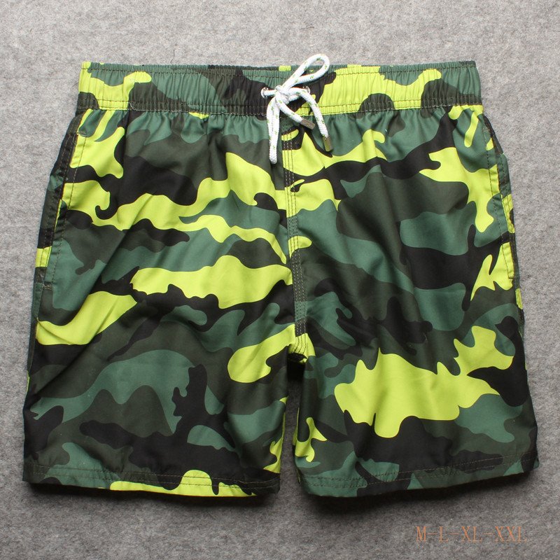 Green camouflage elastic waist board shorts