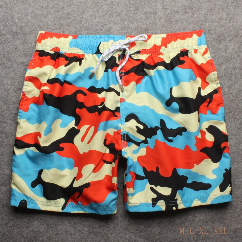Orange and blue camouflage board shorts