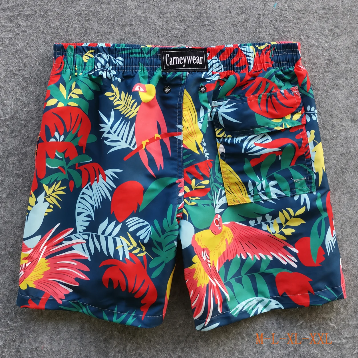 Back view of Dark Teal Parrot Print Board Shorts