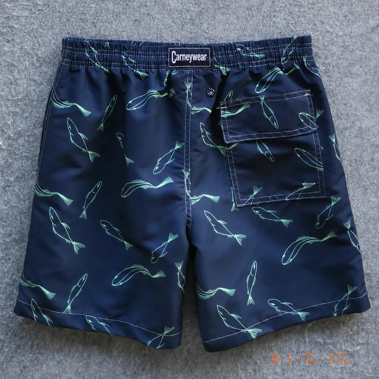 Back view of Navy Shark Print Board Shorts