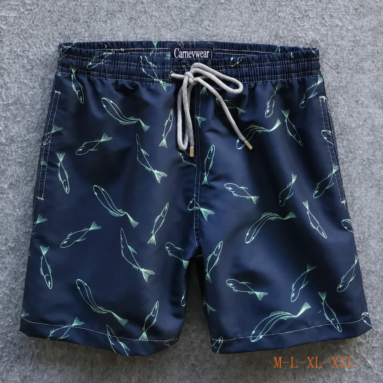 Front view of Navy Shark Print Board Shorts