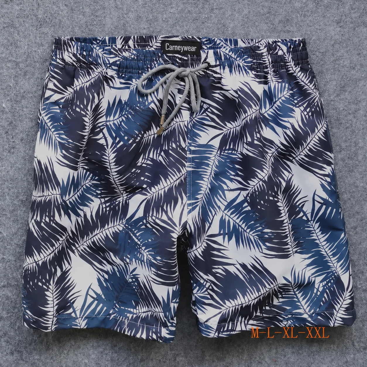 Front view of Navy Palm Leaf Board Shorts