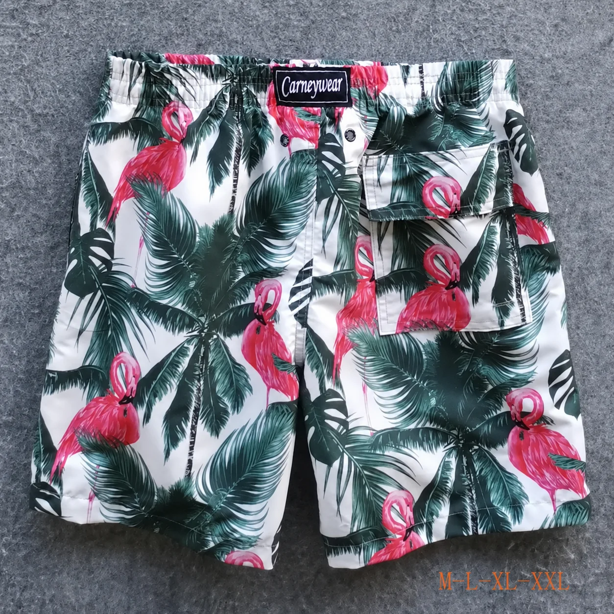 Back view of White Flamingo Leaf Board Shorts